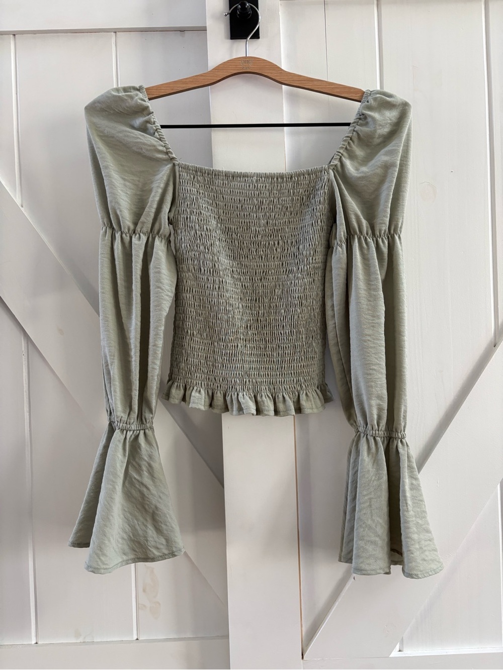 Sage The Label Smocked Square-Neck Top with Bell Sleeves - Sage Green